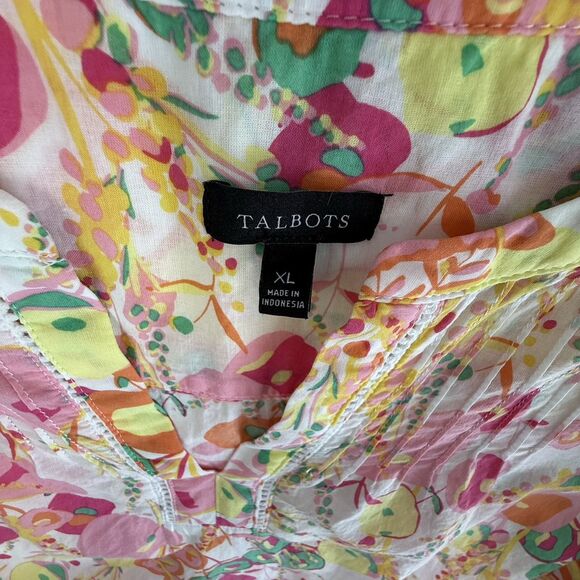 Talbots Pintuck Popover Abstract Floral Top Blouse Women XL Pink 3/4 Sleeve Boho - Picture 7 of 11
